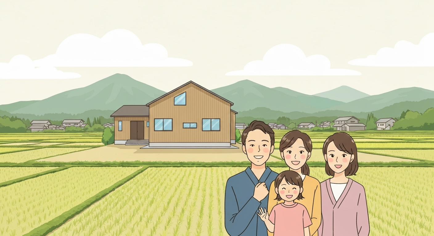 市街化調整区域に建てられた新しい農家住宅の前で、笑顔で立つ若い家族のイラスト。背景にはのどかな田園風景が広がっている。