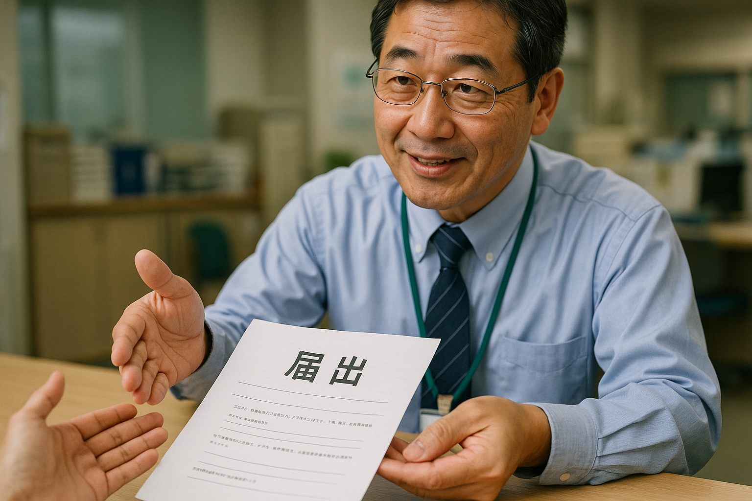 市町村の窓口で、職員から農地法第3条の3の届出について説明を受けている相談者。手続きの基本を理解している場面。