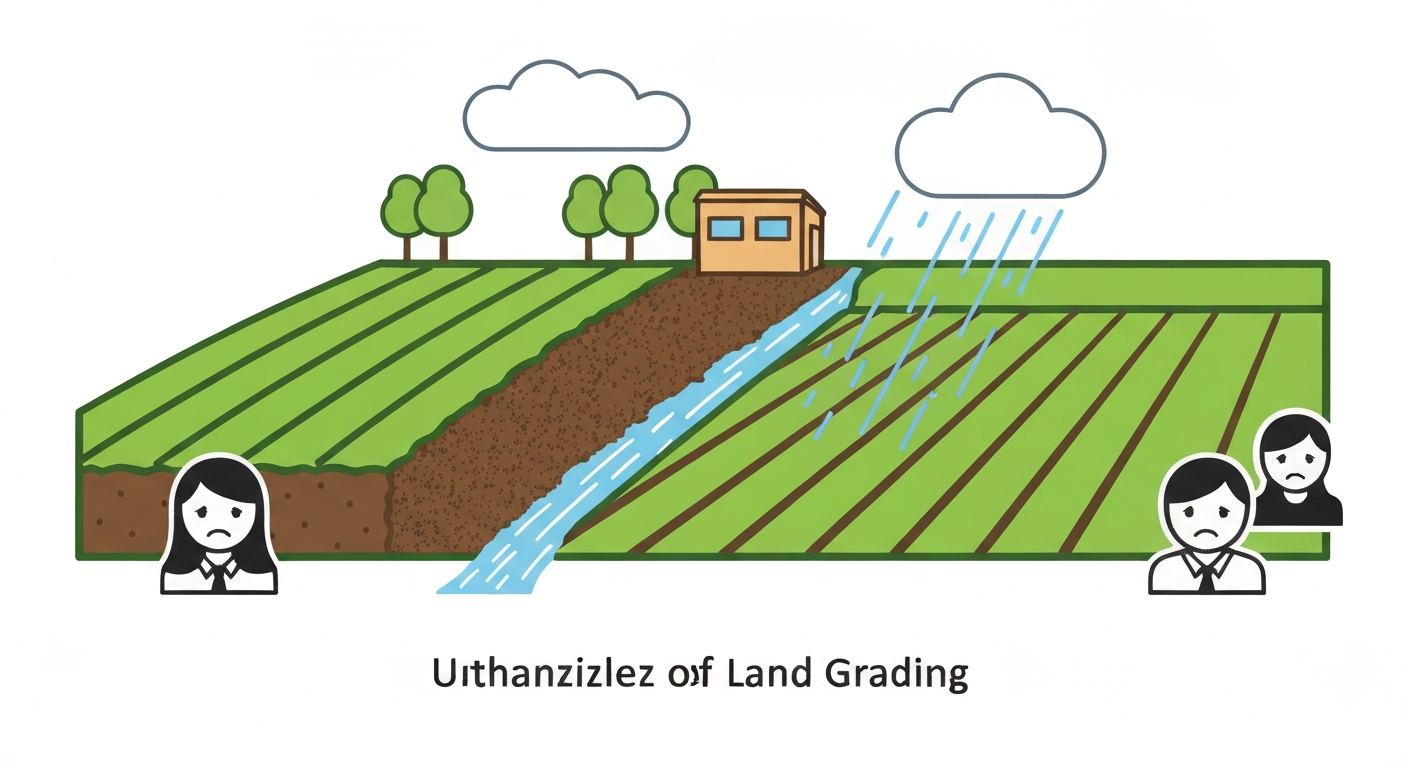 無計画な盛土によって、隣の農地に水が流れ込みトラブルになっている様子を説明するイラスト