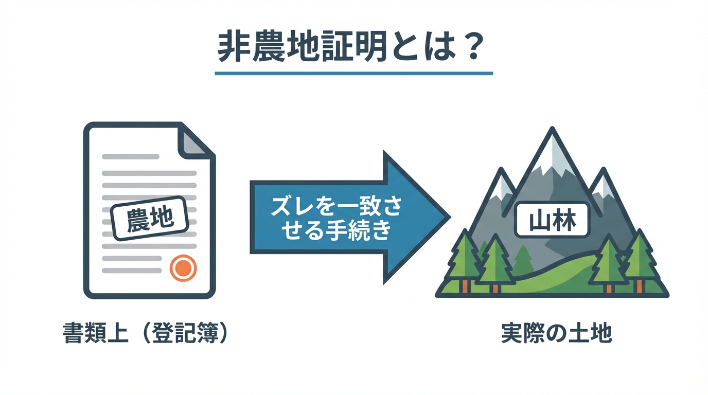 非農地証明の概念図。書類上の「農地」と実際の「山林」のズレを一致させる手続きであることを示している。