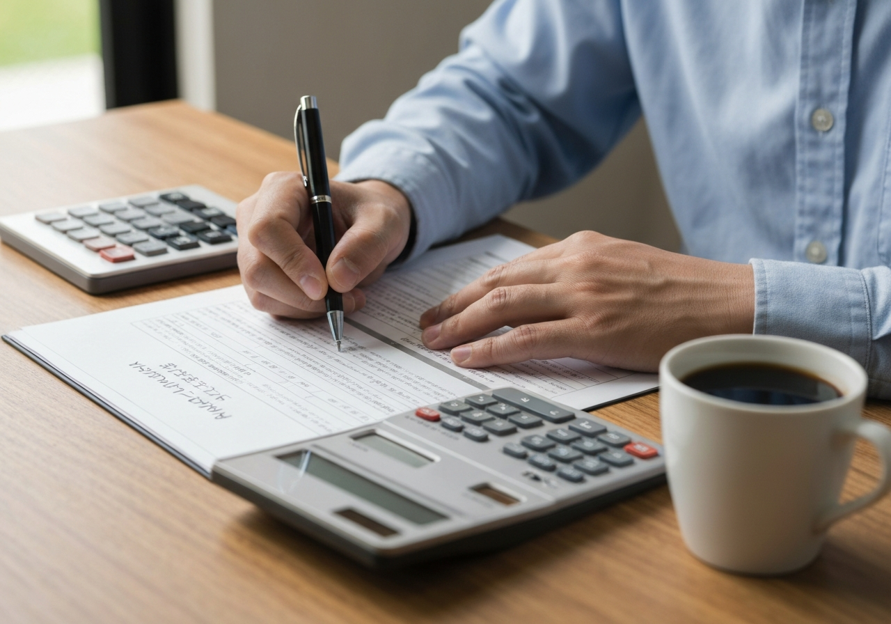 木製の机の上で農業経営計画書を丁寧に作成している様子。電卓とペンが置かれ、計画の具体性を示している。