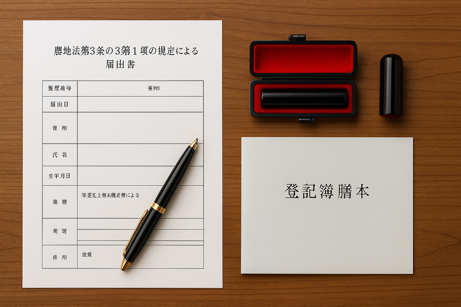 農地法第3条の3の届出に必要な書類一式。届出書、登記簿謄本、印鑑などが机の上に整理されている。