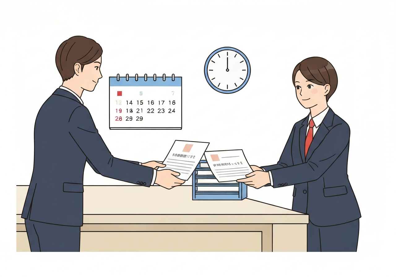行政書士が役所の窓口で60条証明書の申請手続きを行っている様子を描いたイラスト。