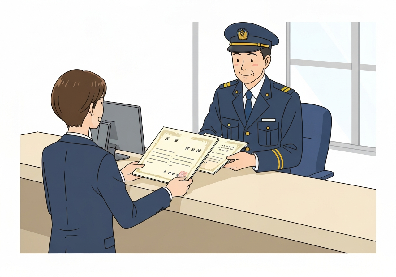 運輸局の窓口で、職員に書類の原本確認をしてもらっている様子のイラスト。