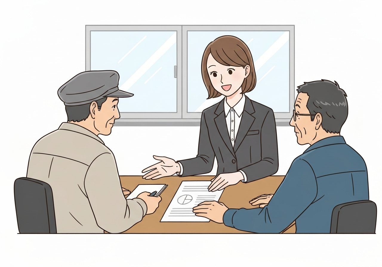 行政書士が農地改良の計画について農家の方へ丁寧に説明しているイラスト