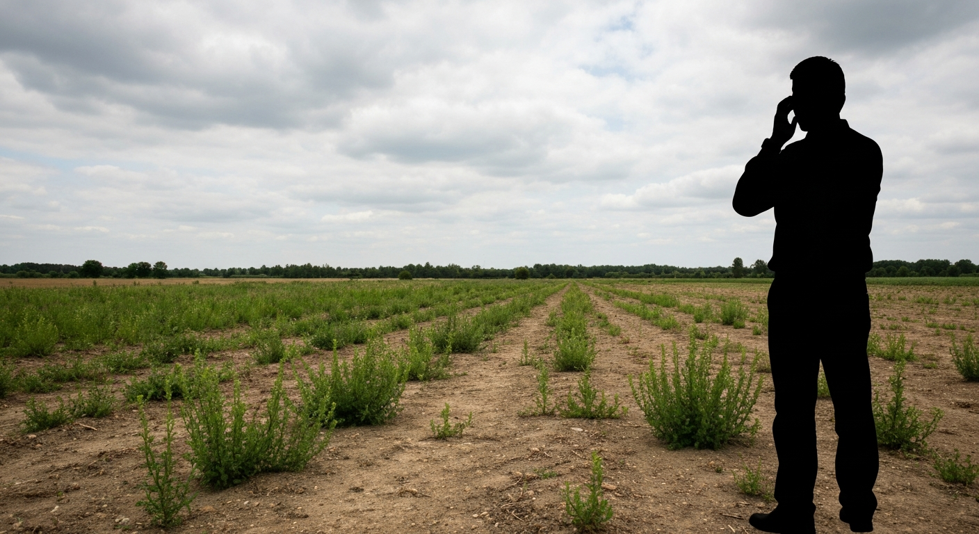 雑草が伸びた手入れされていない農地と曇り空。新規就農の失敗や困難を暗示するイメージ。
