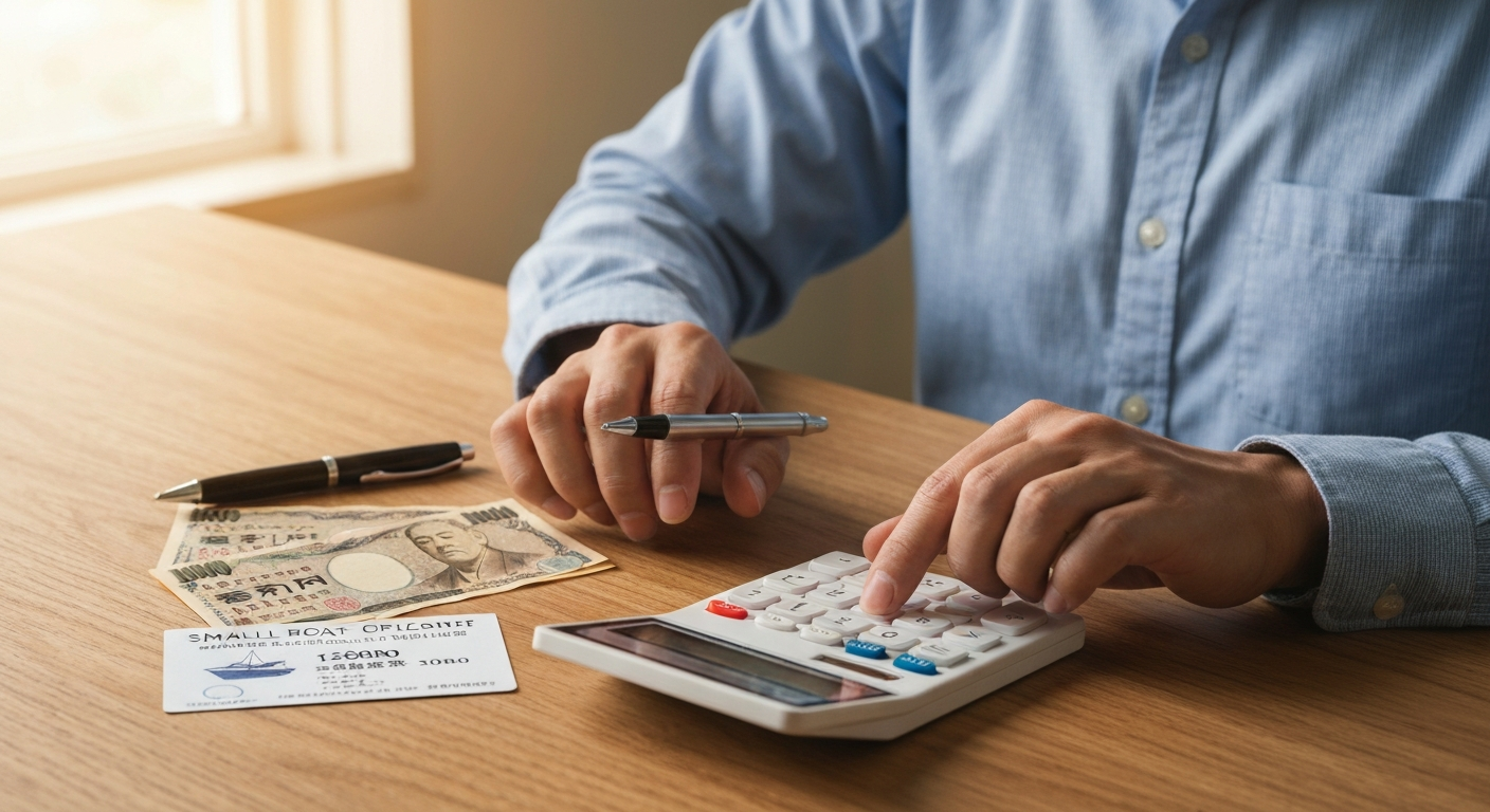 電卓、船舶免許証、日本円のお札が机に置かれており、免許更新にかかる費用を計算しているイメージ。