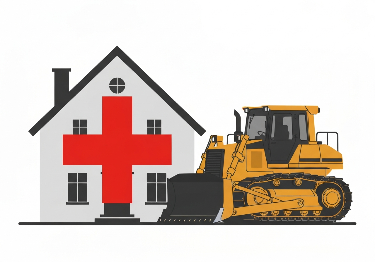 「先に古い家を解体してはいけない」という注意点を警告する、バツ印が描かれた家と重機のイラスト。