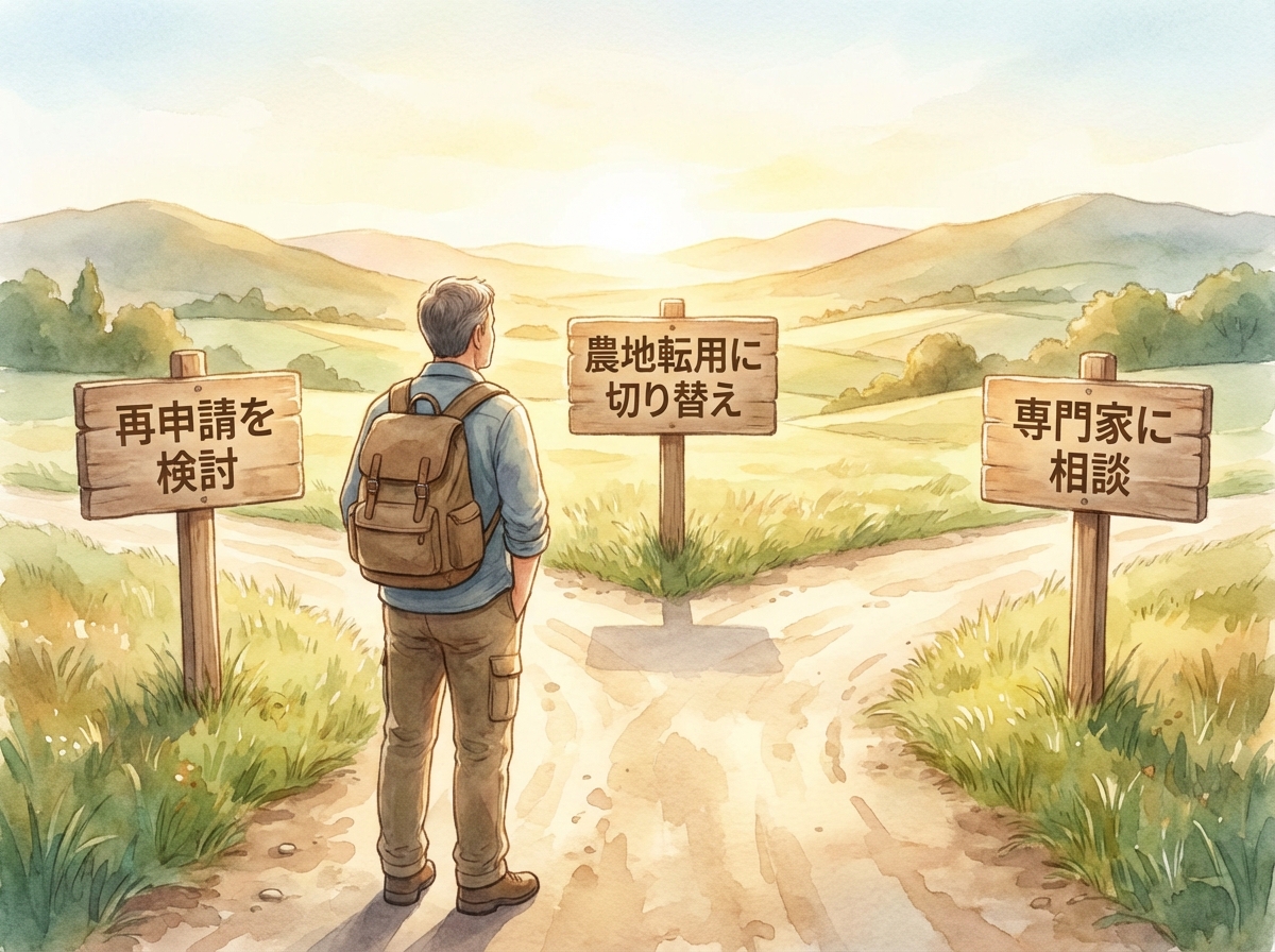 非農地証明が却下された後の3つの対策（再申請、農地転用、専門家への相談）という選択肢を示したイラスト。