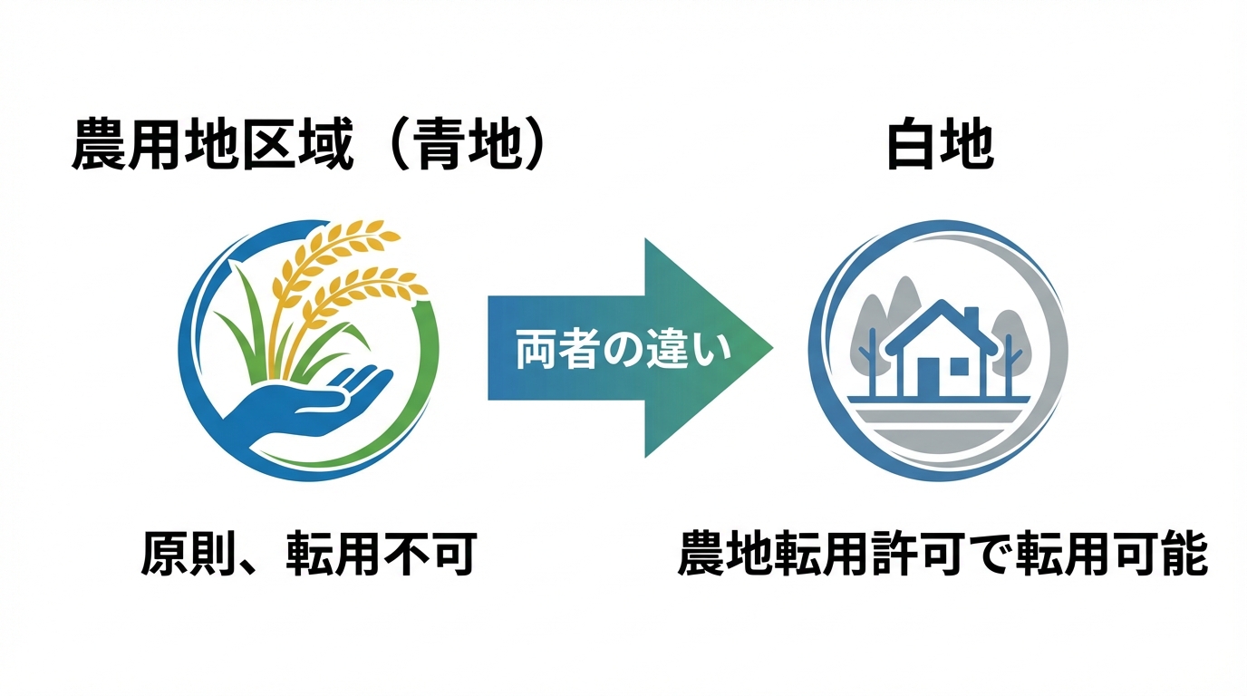 農用地区域（青地）と白地の違いを比較する図解。青地は原則転用不可、白地は許可を得れば転用可能であることを示している。