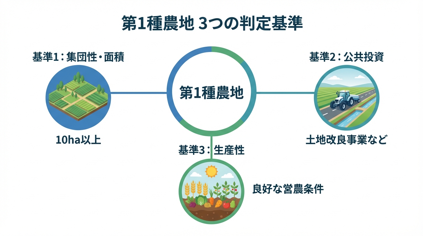 第1種農地の3つの判定基準（集団性・面積、公共投資、生産性）を分かりやすく図解したインフォグラフィック