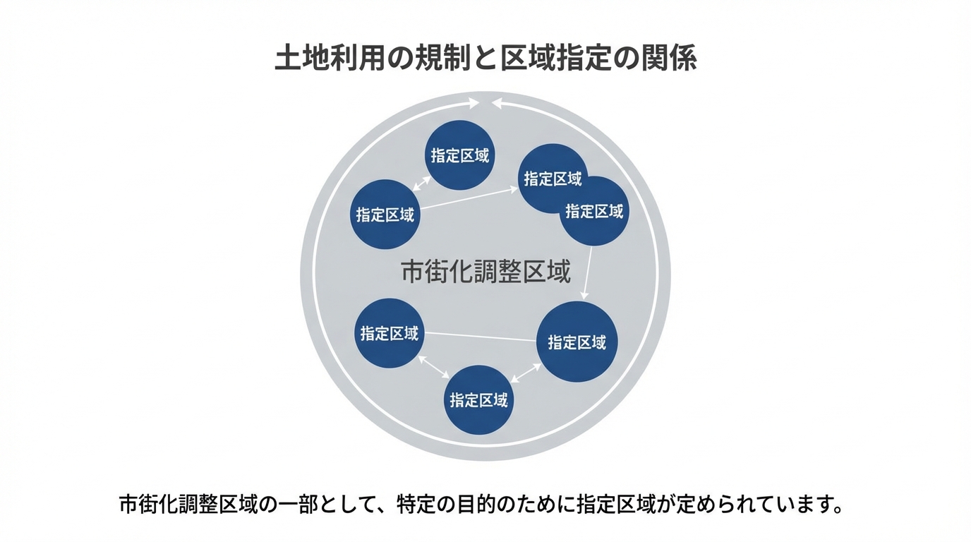 市街化調整区域と指定区域の関係性を示す図解。大きな円の中に小さな円が複数ある構成。