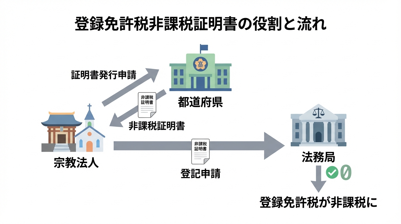 登録免許税非課税証明書の手続きの流れを示す図解。宗教法人、都道府県、法務局の関係性を表している。
