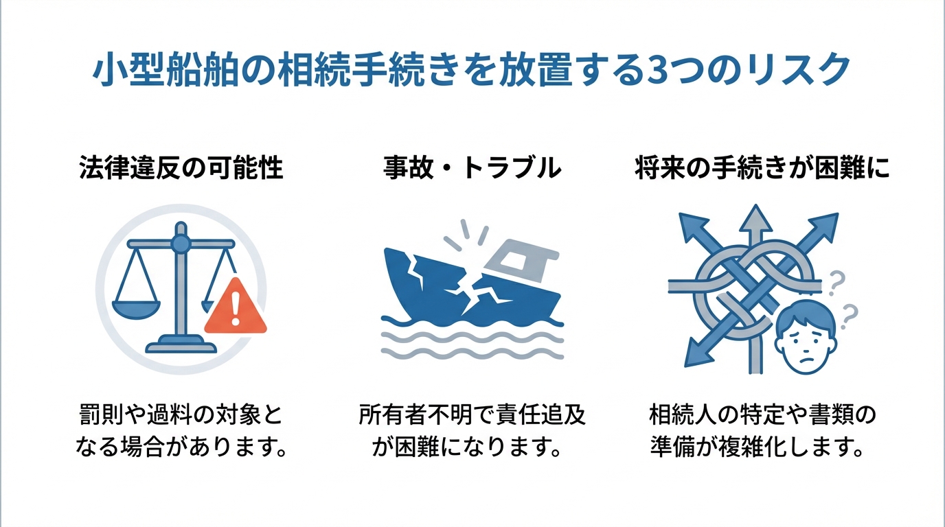 小型船舶の相続手続きを放置する3つのリスクを図解したインフォグラフィック。法律違反、事故、将来の手続きの困難化を示している。
