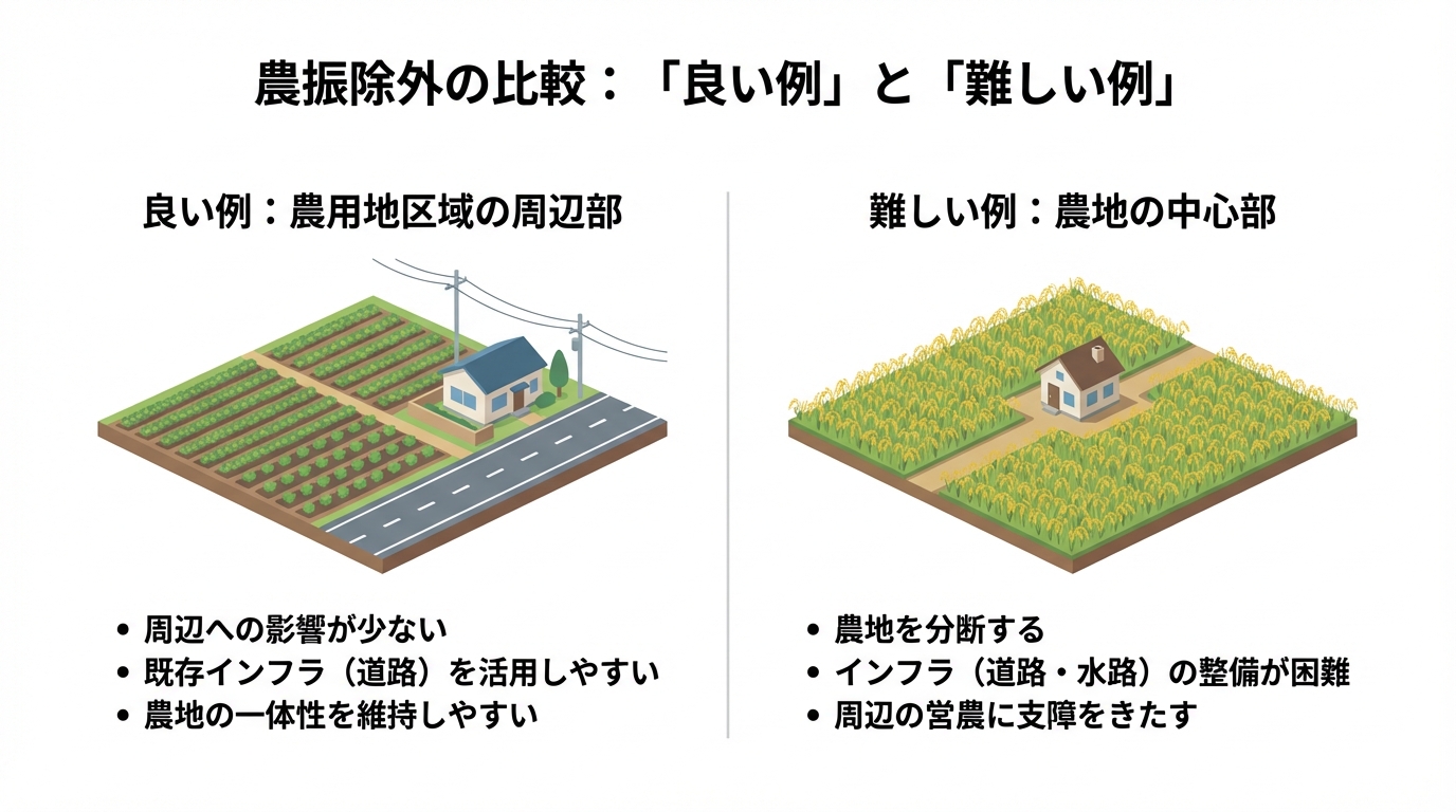 農振除外における土地の場所の比較図。「農用地区域の周辺部」が良い例、「農地の中心部」が難しい例として示されている。