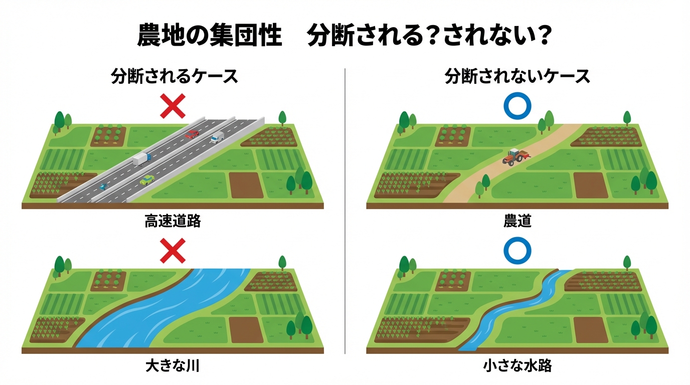 農地の集団性について、分断要因と見なされるケース（高速道路・河川）と見なされないケース（農道・水路）を比較した図解