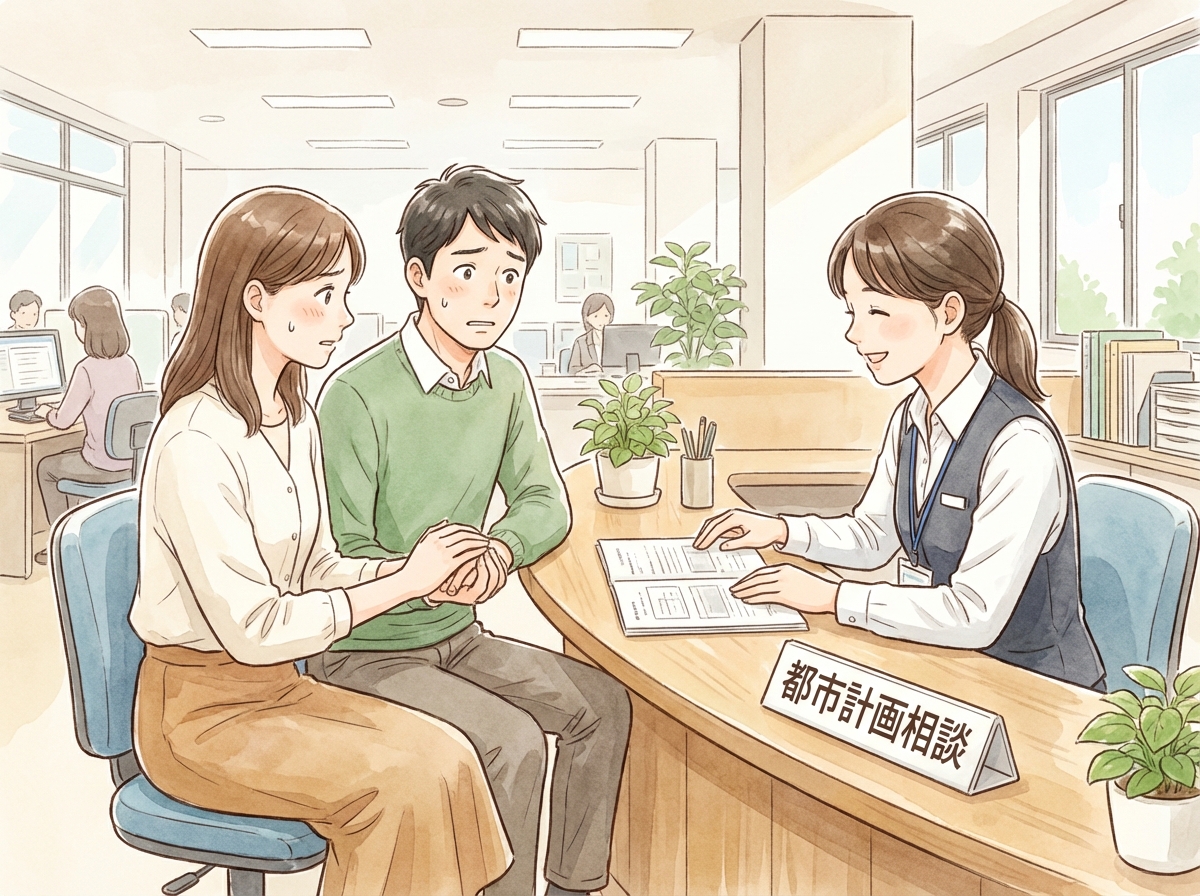 自治体の窓口で指定区域について相談する夫婦のイラスト