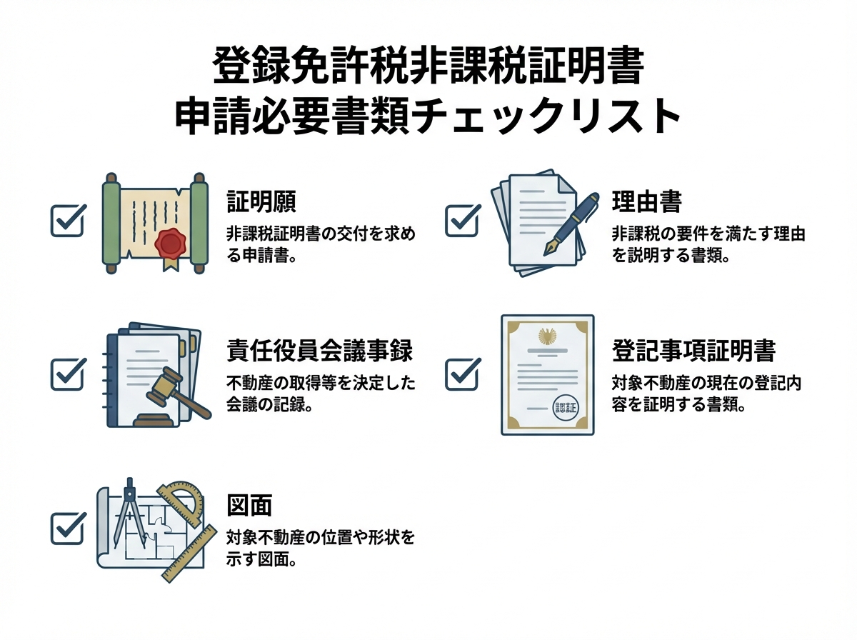 登録免許税非課税証明書の申請に必要な書類のチェックリスト。証明願、議事録、登記事項証明書などのアイコンが並んでいる。