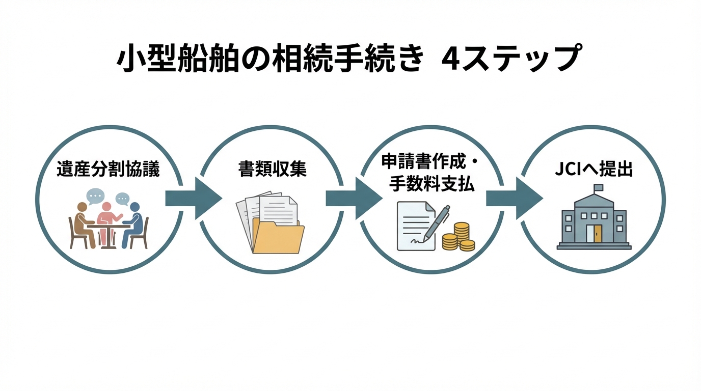 小型船舶の相続手続きの流れを4つのステップ（遺産分割協議、書類収集、申請書作成、提出）で示した図解。