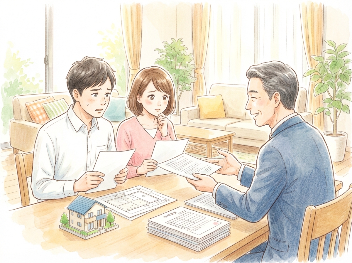 農振除外について専門家に相談している夫婦のイラスト。専門家が親身に説明し、夫婦は安心した表情を浮かべている。