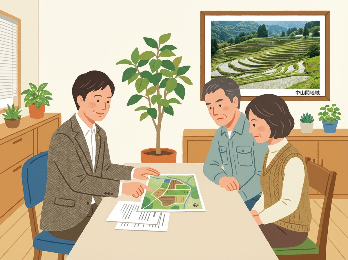 農地の判定について専門家である行政書士に相談している夫婦のイラスト