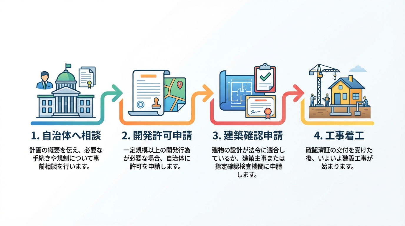 指定区域で家を建てるための手続きの流れを4ステップで示した図解。