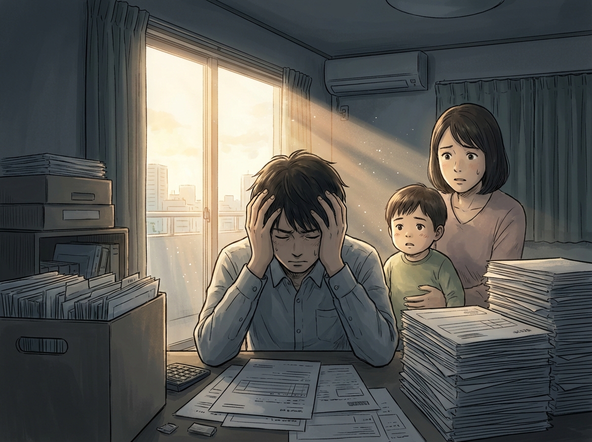 複雑な建築許可申請の書類を前に、一人で悩んでいる男性の様子を描いたイラスト