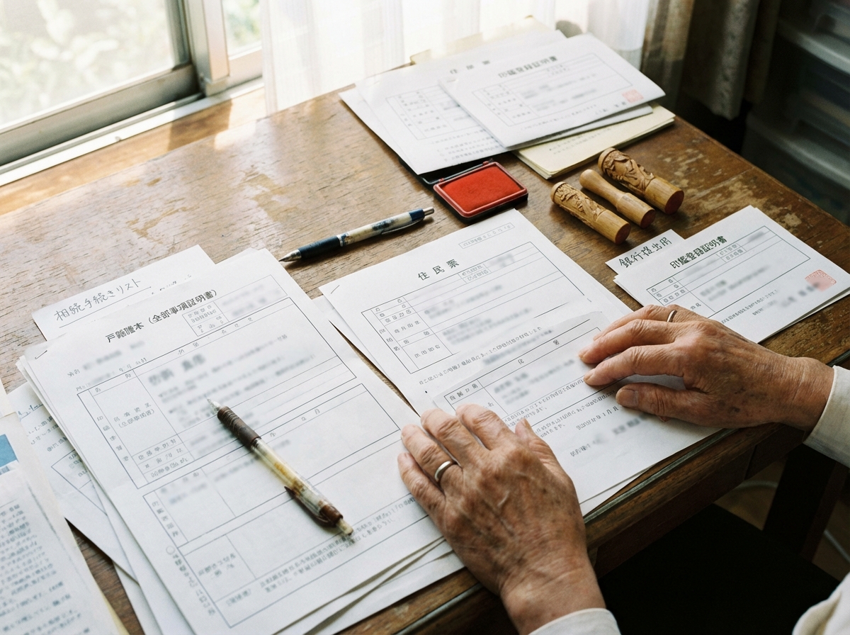 相続手続きに必要な戸籍謄本や印鑑証明書などの書類が机の上に並べられている様子。