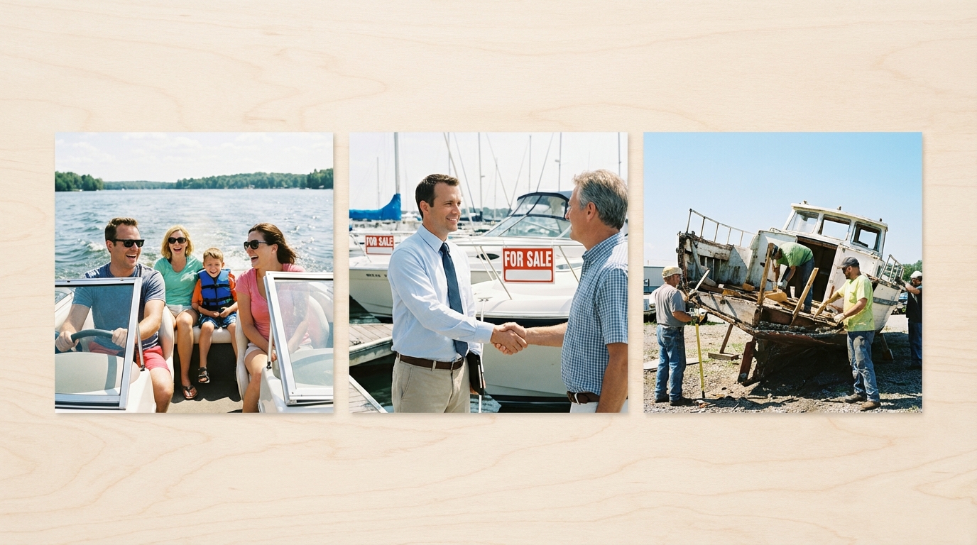 相続した船の3つの選択肢（乗り続ける、売却する、処分する）をイメージ写真で表現。
