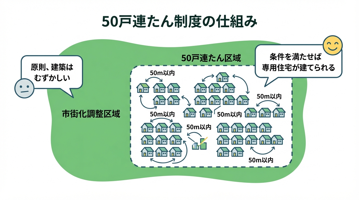 50戸連たん制度の仕組みを図解したインフォグラフィック。市街化調整区域内で家が50戸以上つながっているエリアでは建築が可能になることを示している。
