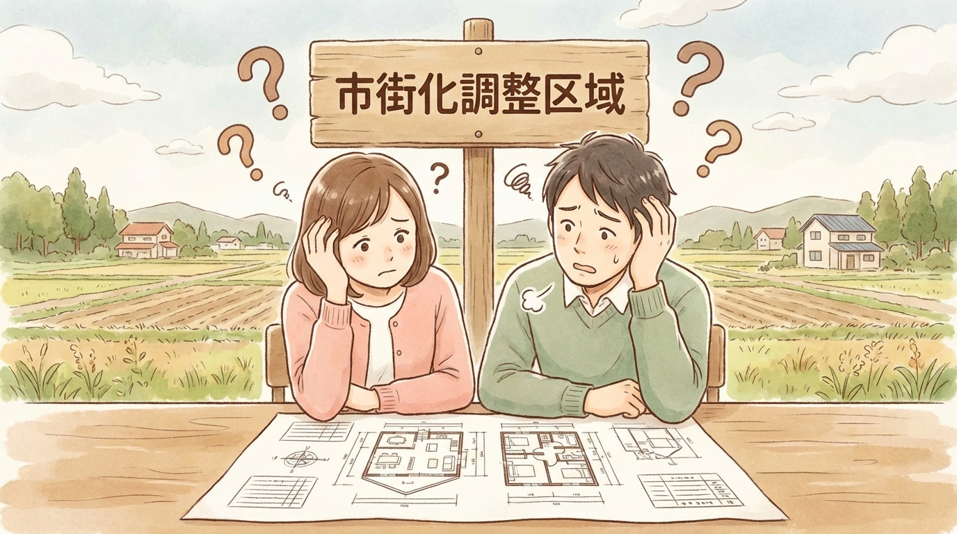 線引き前宅地について悩み、家の設計図を見ながら相談している夫婦のイラスト。
