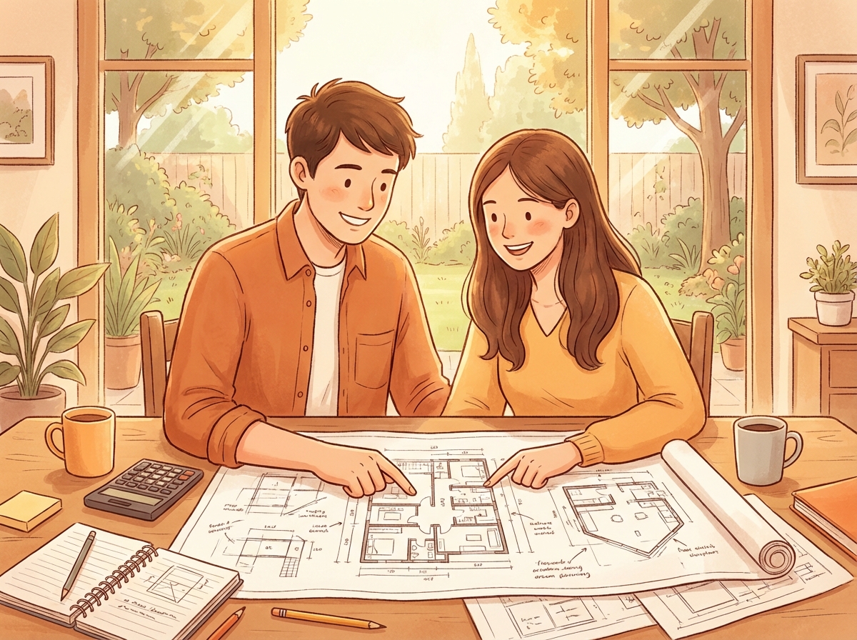 専用住宅の建築計画を立てる夫婦のイラスト。夢のマイホームについて話し合っている。