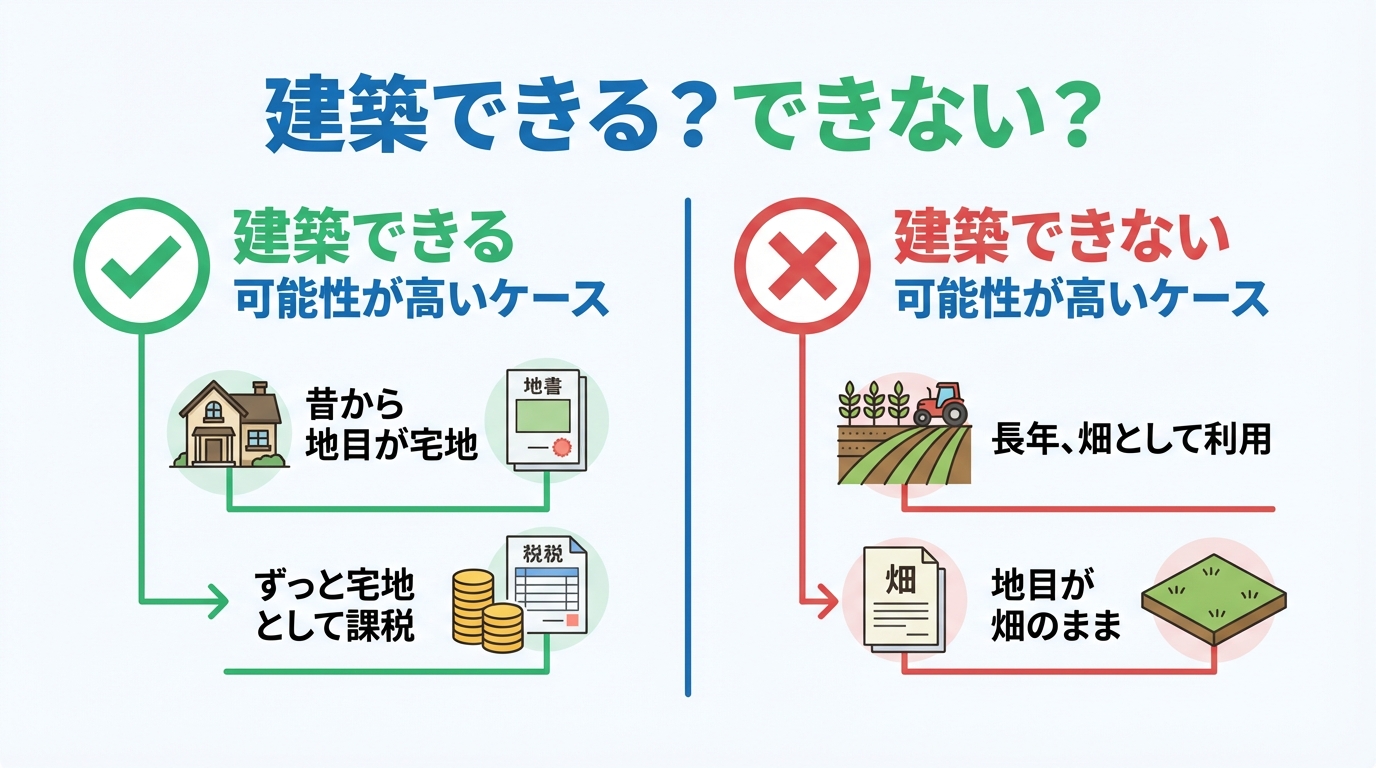 線引き前宅地で建築できるケースとできないケースの比較図解。できるケースとして地目と課税、できないケースとして利用状況と地目を挙げている。