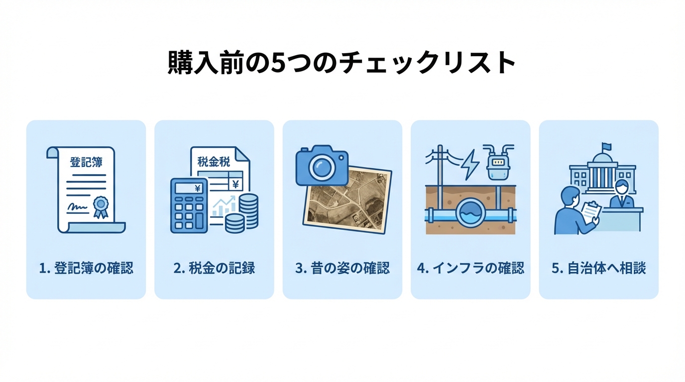 線引き前宅地購入前に確認すべき5つのチェックリスト。登記簿、税金、航空写真、インフラ、自治体への相談のアイコンが並んでいる。