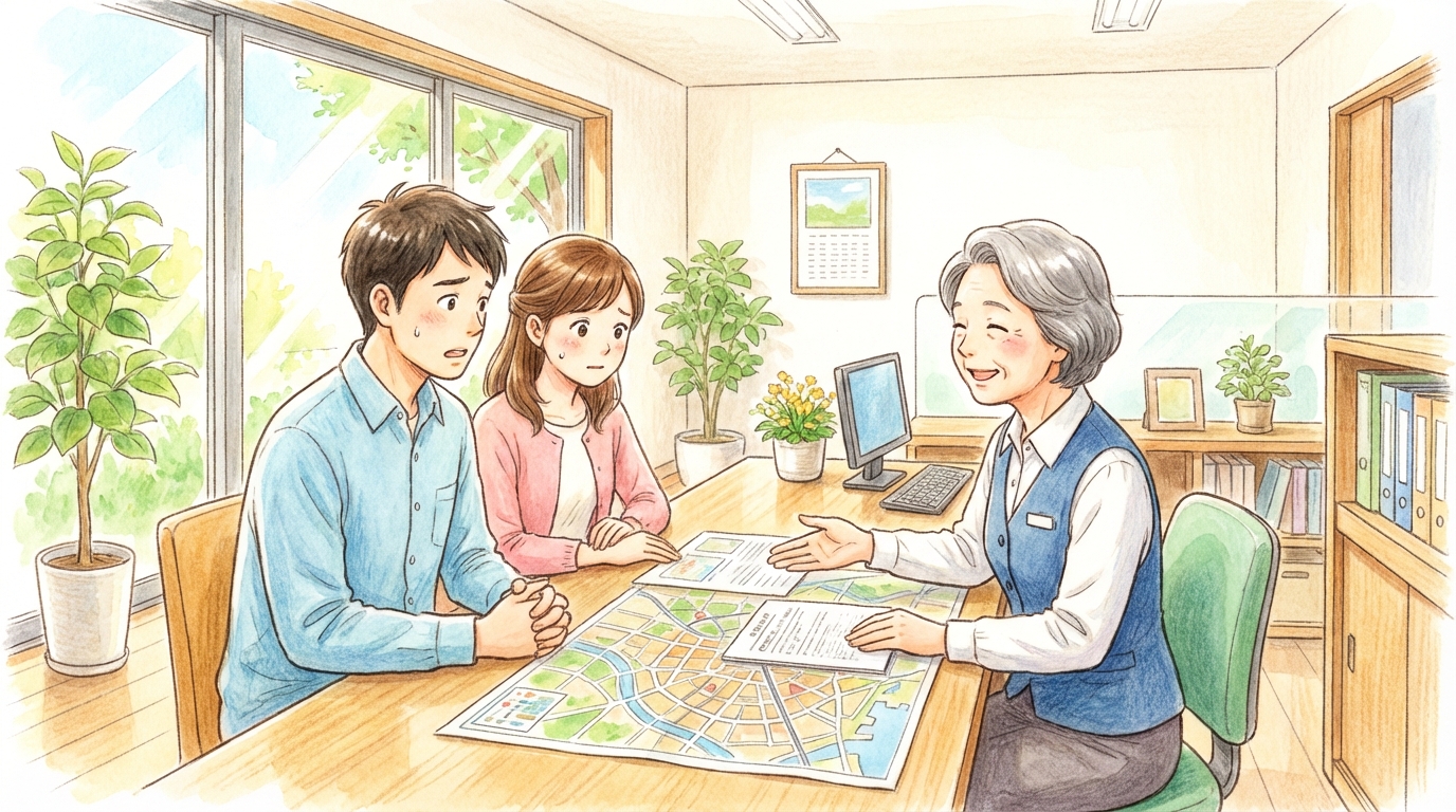 自治体の窓口で建築に関する事前相談をする夫婦のイラスト。専門的な手続きについて質問している。