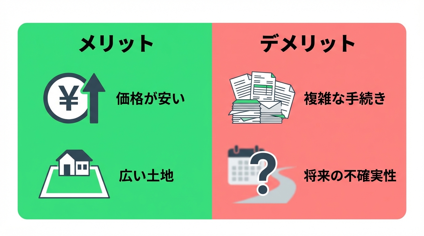 線引き前宅地のメリットとデメリットを比較する図解。メリットは価格と広さ、デメリットは手続きの複雑さと将来の不確実性。