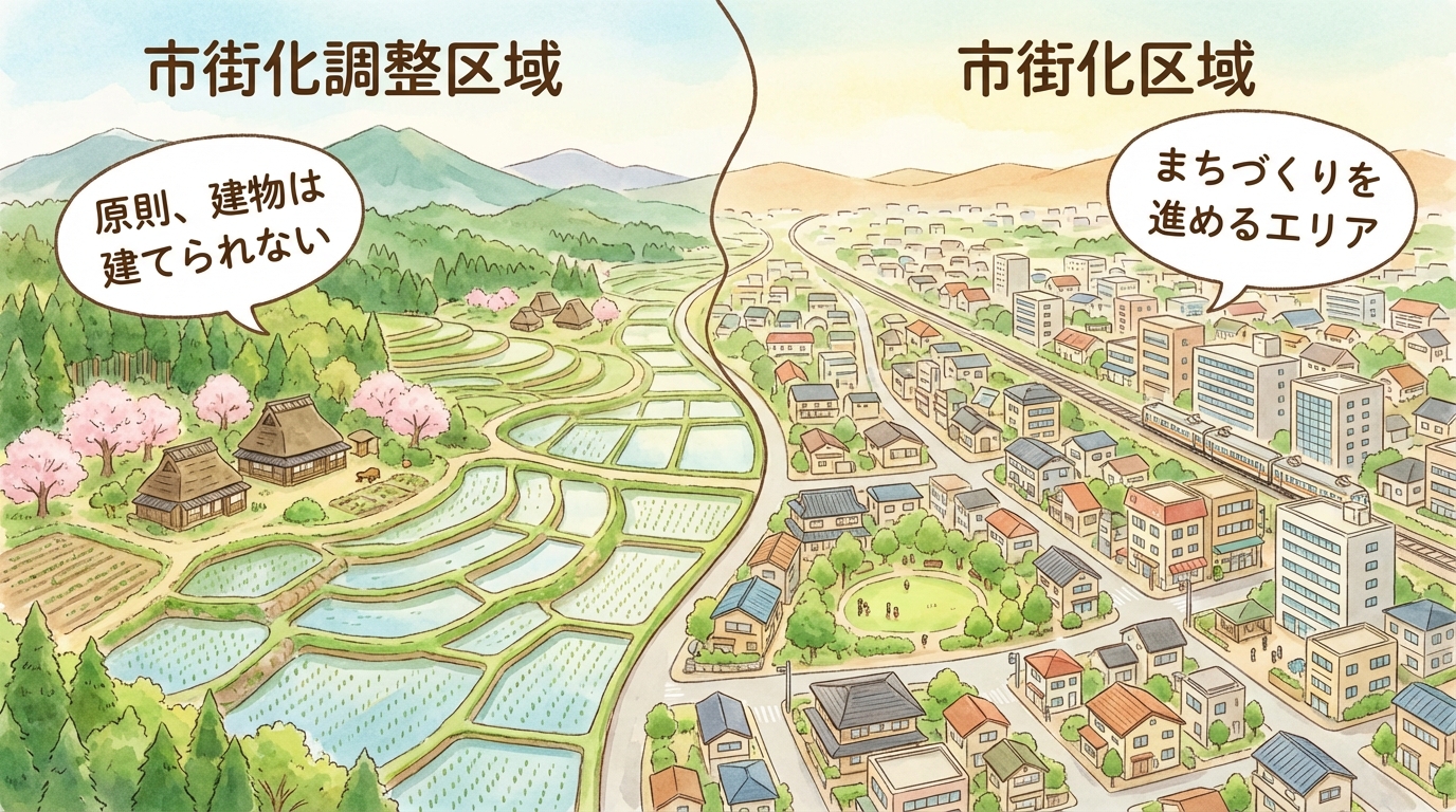 市街化区域と市街化調整区域の違いを分かりやすく示したイラスト。片側は建物が密集し、もう一方は田園風景が広がっている。