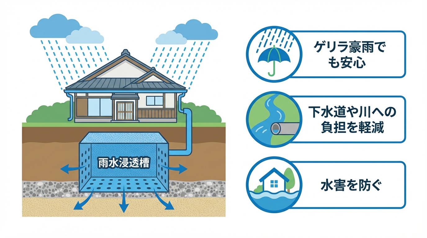 雨水浸透槽の役割と仕組みを説明する図解。雨水が浸透槽に溜まり、ゆっくり地面に染み込むことで水害を防ぐ様子が描かれている。