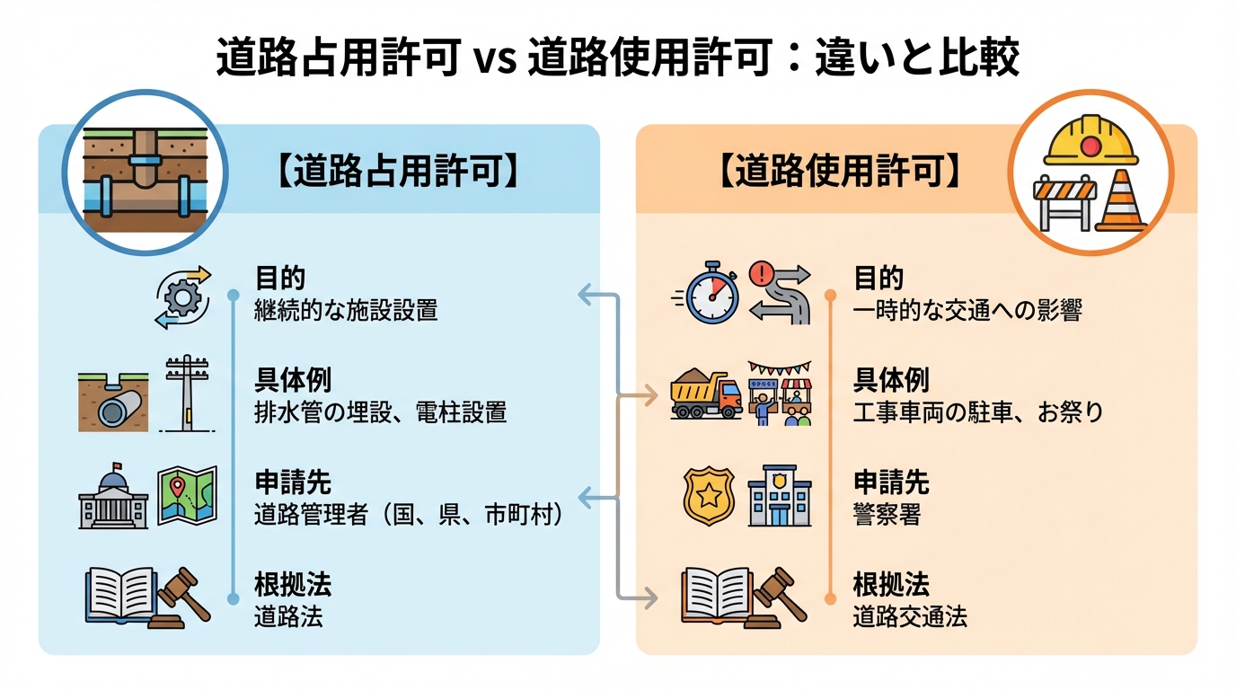 道路占用許可と道路使用許可の違いを比較した図解。目的、具体例、申請先、根拠法がそれぞれ分かりやすくまとめられている。