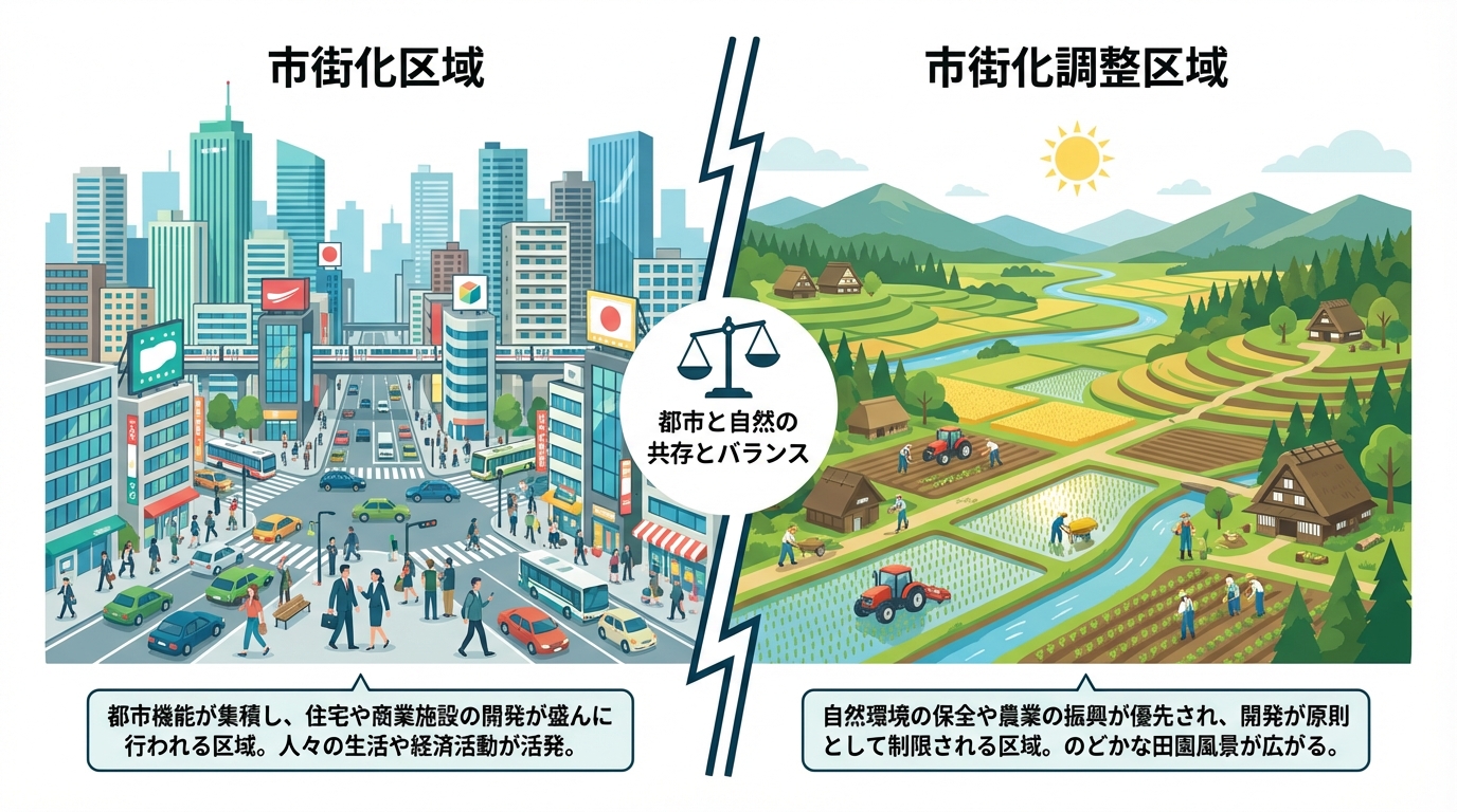 市街化区域と市街化調整区域の違いを比較する図解。左側にビルが立ち並ぶ市街化区域、右側に田園風景が広がる市街化調整区域が描かれている。