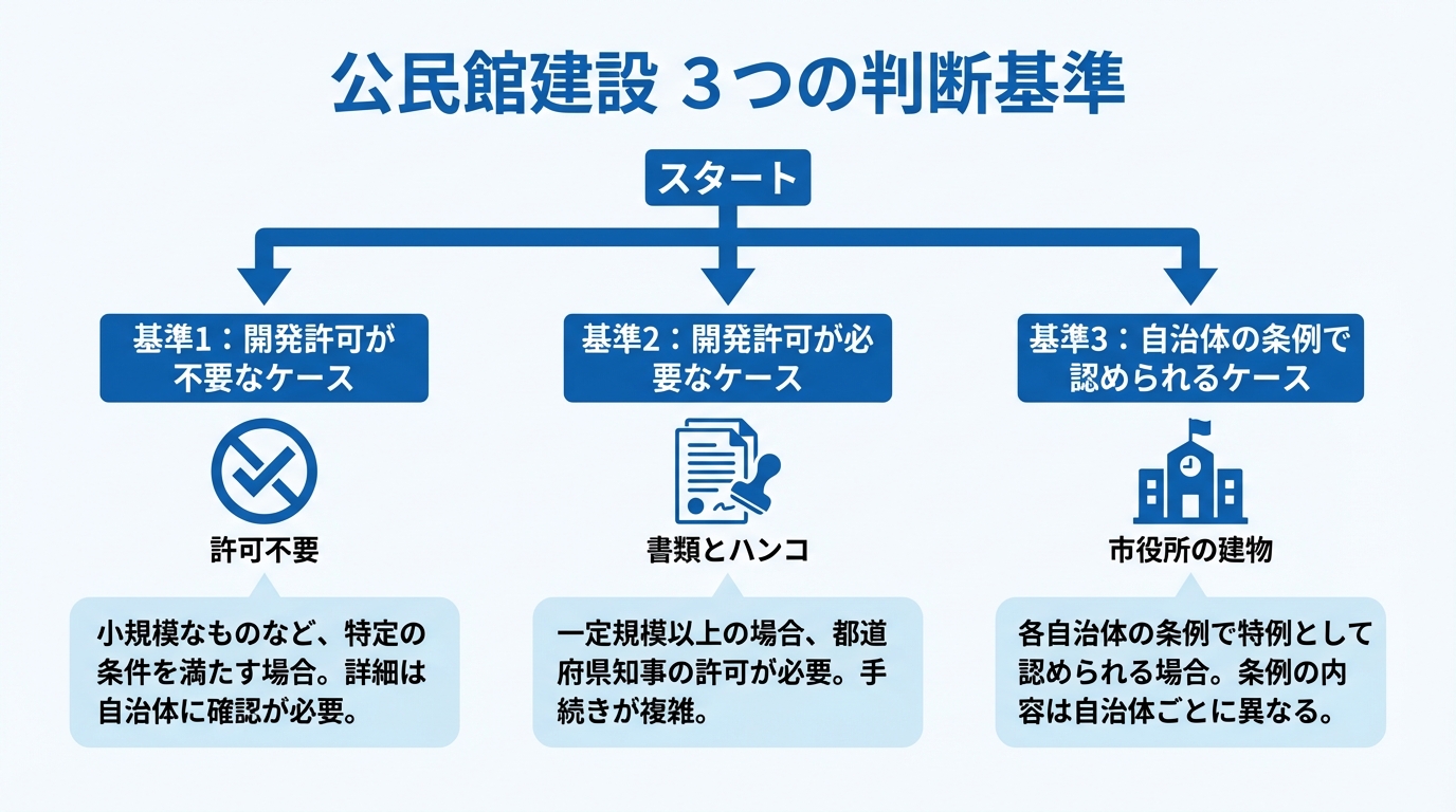 市街化調整区域で公民館を建てるための3つの判断基準（開発許可不要、開発許可必要、自治体条例）を示したフローチャート図解。