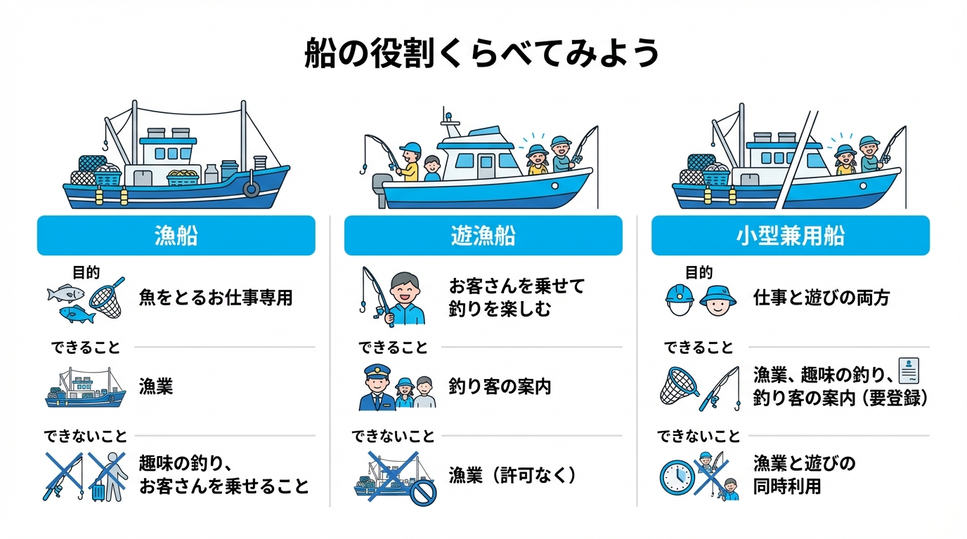漁船、遊漁船、小型兼用船の3つの違いを比較する図解。それぞれの船の目的と、できること・できないことがイラスト付きで分かりやすくまとめられている。