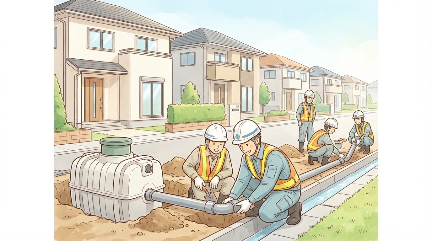 合併処理浄化槽の排水管を道路側溝に接続する工事の様子を描いたイラスト。作業員が安全に配慮しながら作業を進めている。