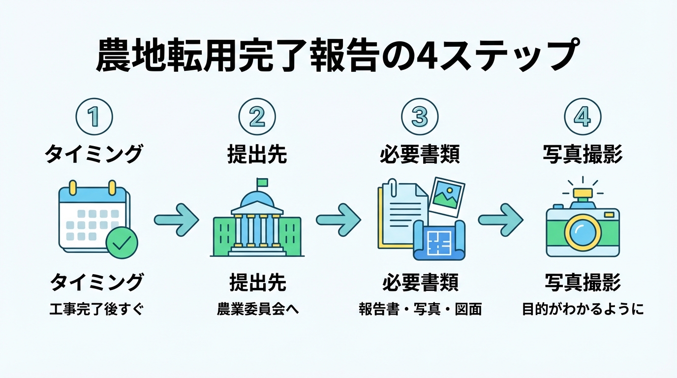 農地転用完了報告の基本的なやり方を4つのステップ（タイミング、提出先、必要書類、写真撮影）で分かりやすく解説したフローチャート。