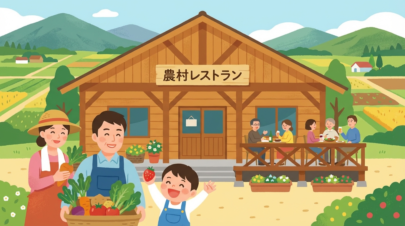 都市農村交流施設のイラスト。農村レストランや収穫体験を楽しむ家族連れの様子が描かれ、地域の活性化を象徴している。