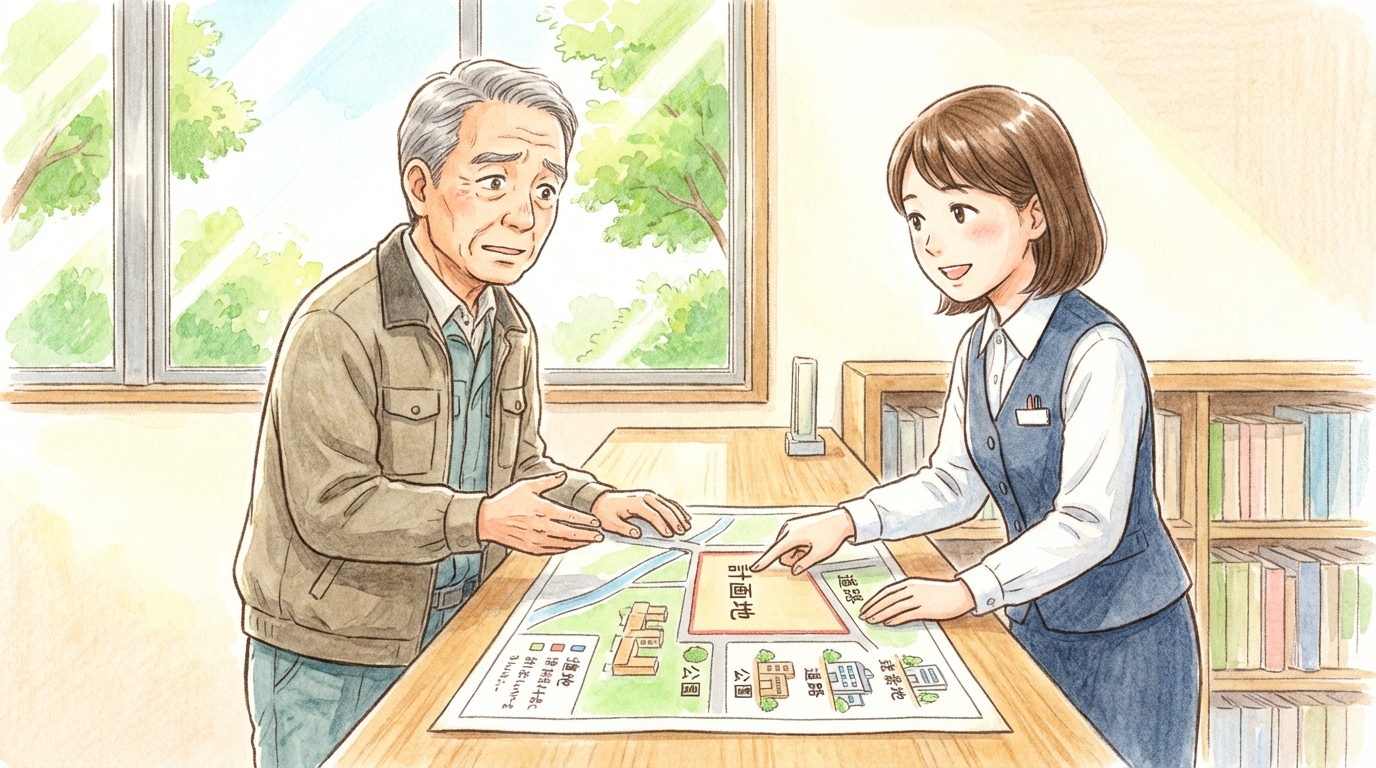 市役所の都市計画担当課で、町会長が職員に公民館建設計画について相談しているイラスト。問題解決の第一歩を踏み出す様子。