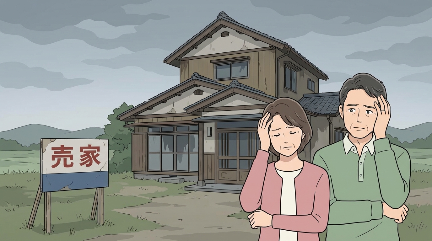 用途変更許可が下りず、売却できなくなった農家住宅の前で頭を抱える夫婦。許可が得られない場合、資産価値が大幅に下がるリスクがあることを示している。