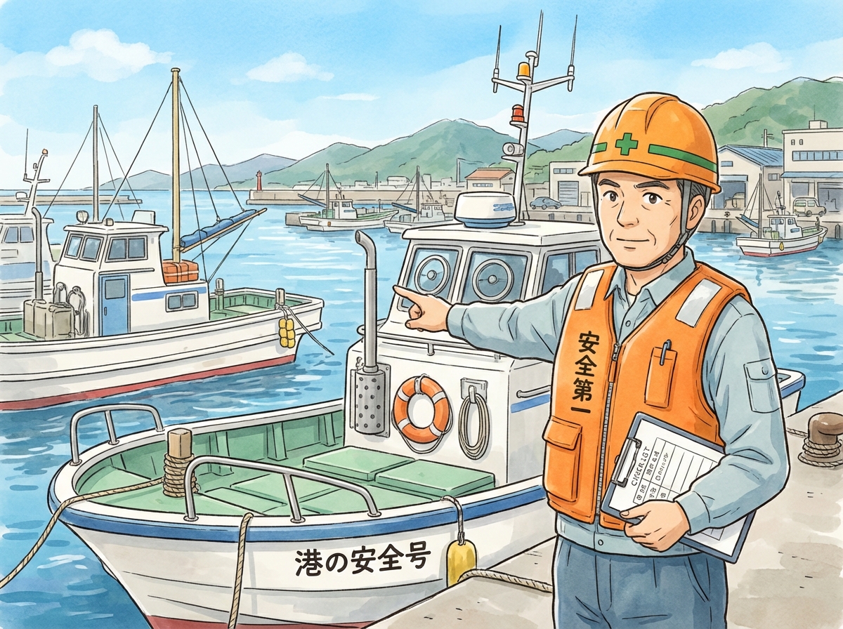 港で船の安全点検をする船長のイラスト。法定備品であるライフジャケットを着用し、安全運航への意識を示している。