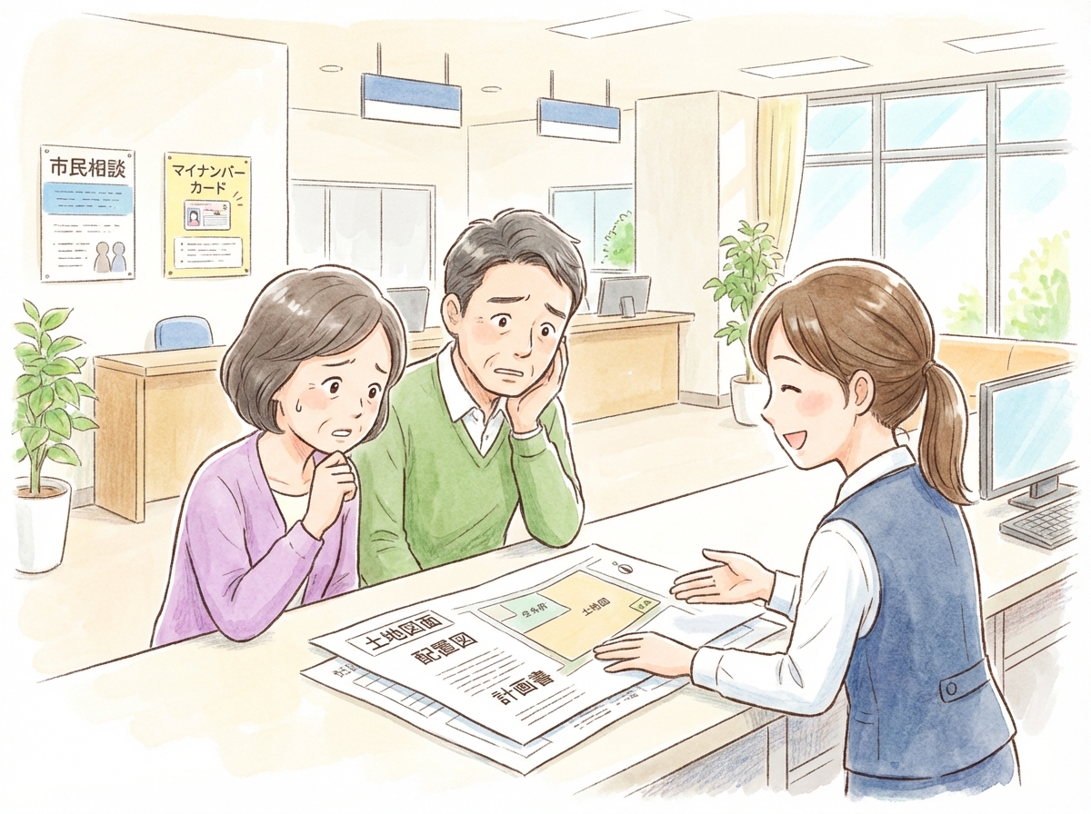 役所の窓口で、道路後退用地寄付の補助金について相談している夫婦のイラスト。担当者が親切に対応している。