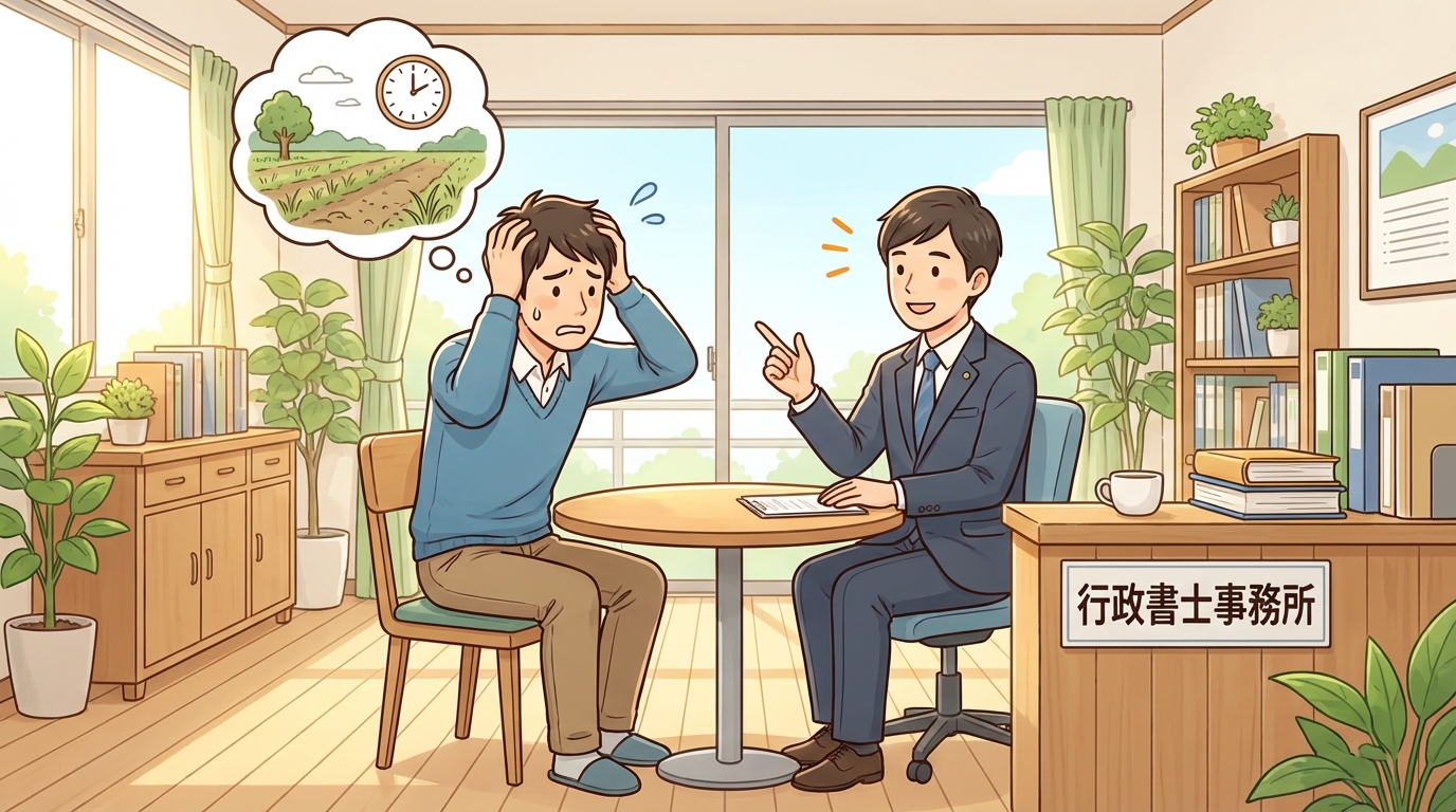 農地転用の完了報告を忘れてしまい、不安な表情で行政書士に相談している男性のイラスト。